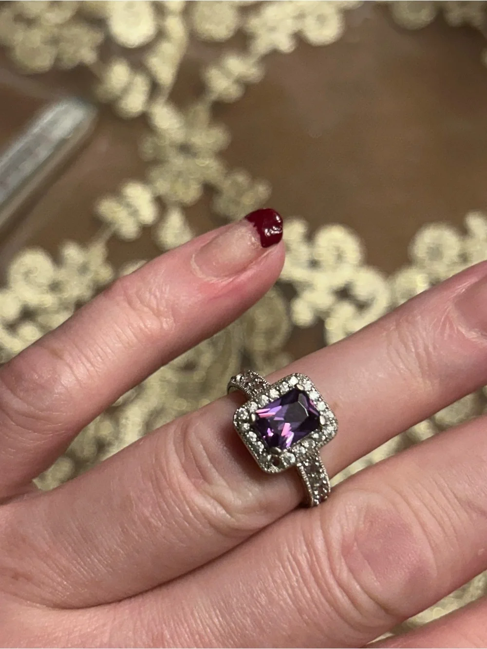 Silver Ring with Purple Gemstone and Halo Accents. Size 7